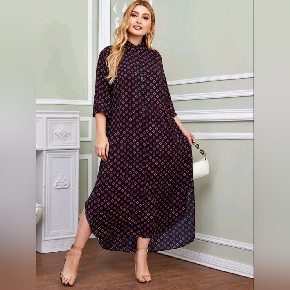 Floral curved hem shirt dress